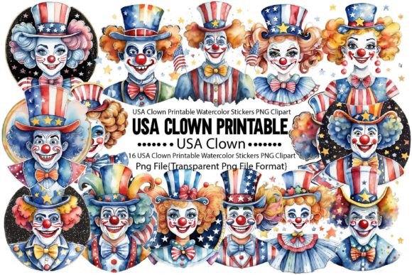 Download USA Clown Printable Watercolor Stickers - Printable watercolor Collection
